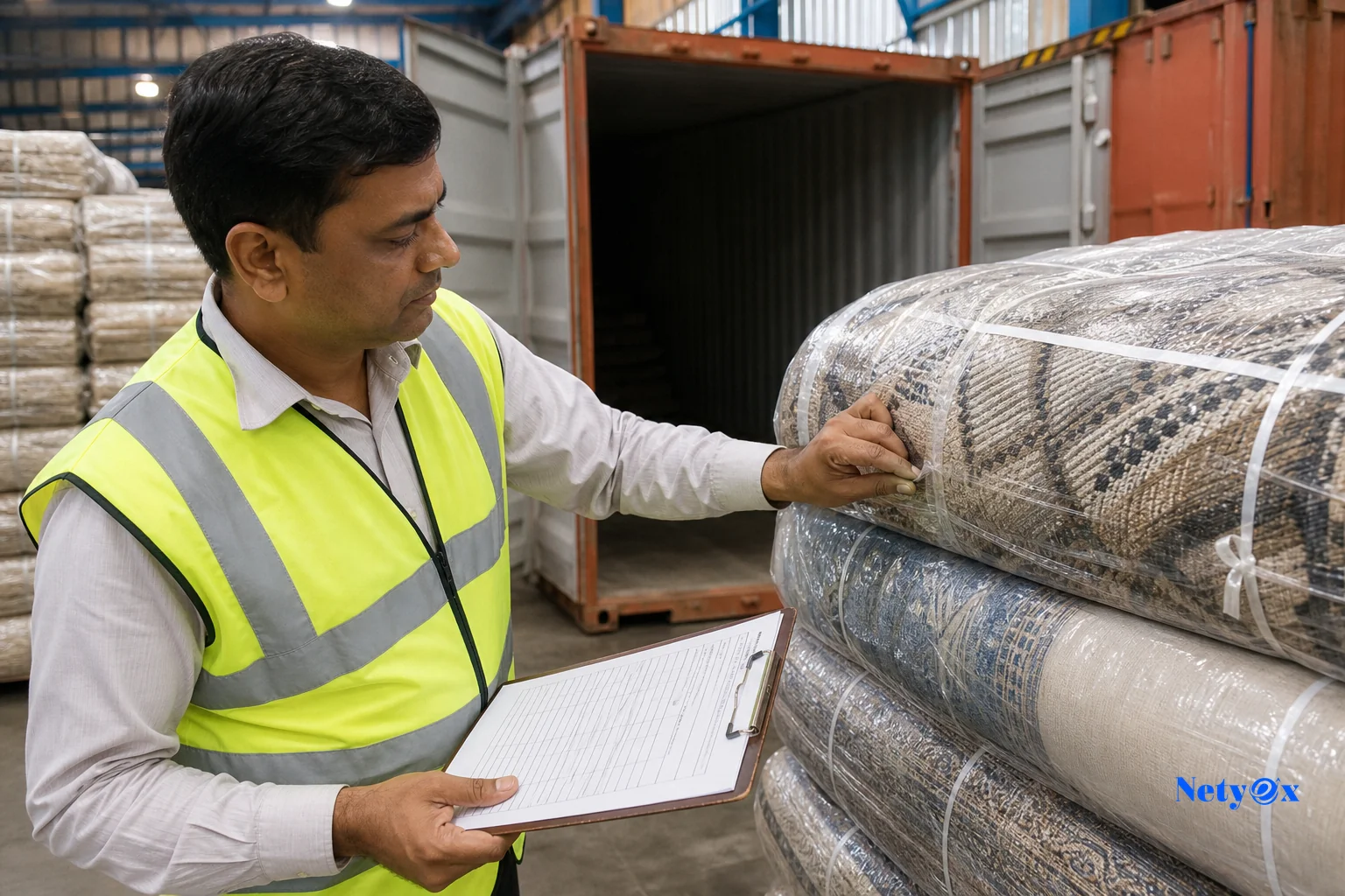 photorealistic: A quality control inspector in a high-visibility vest examining stacked, wrapped rug bales with a clipboard checklist in an Indian export facility, shipping container doors open in the background, warm industrial lighting