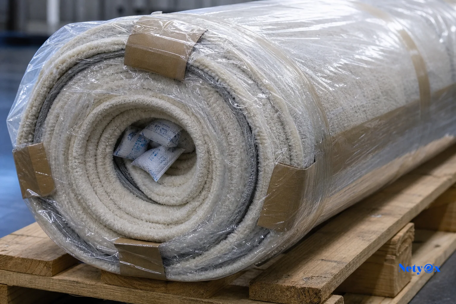 Close-up of moisture barrier wrapping and silica gel packets on a rolled rug before loading. photorealistic: Close-up photo of a tightly rolled wool rug wrapped in clear polyethylene moisture-barrier film with visible silica gel desiccant