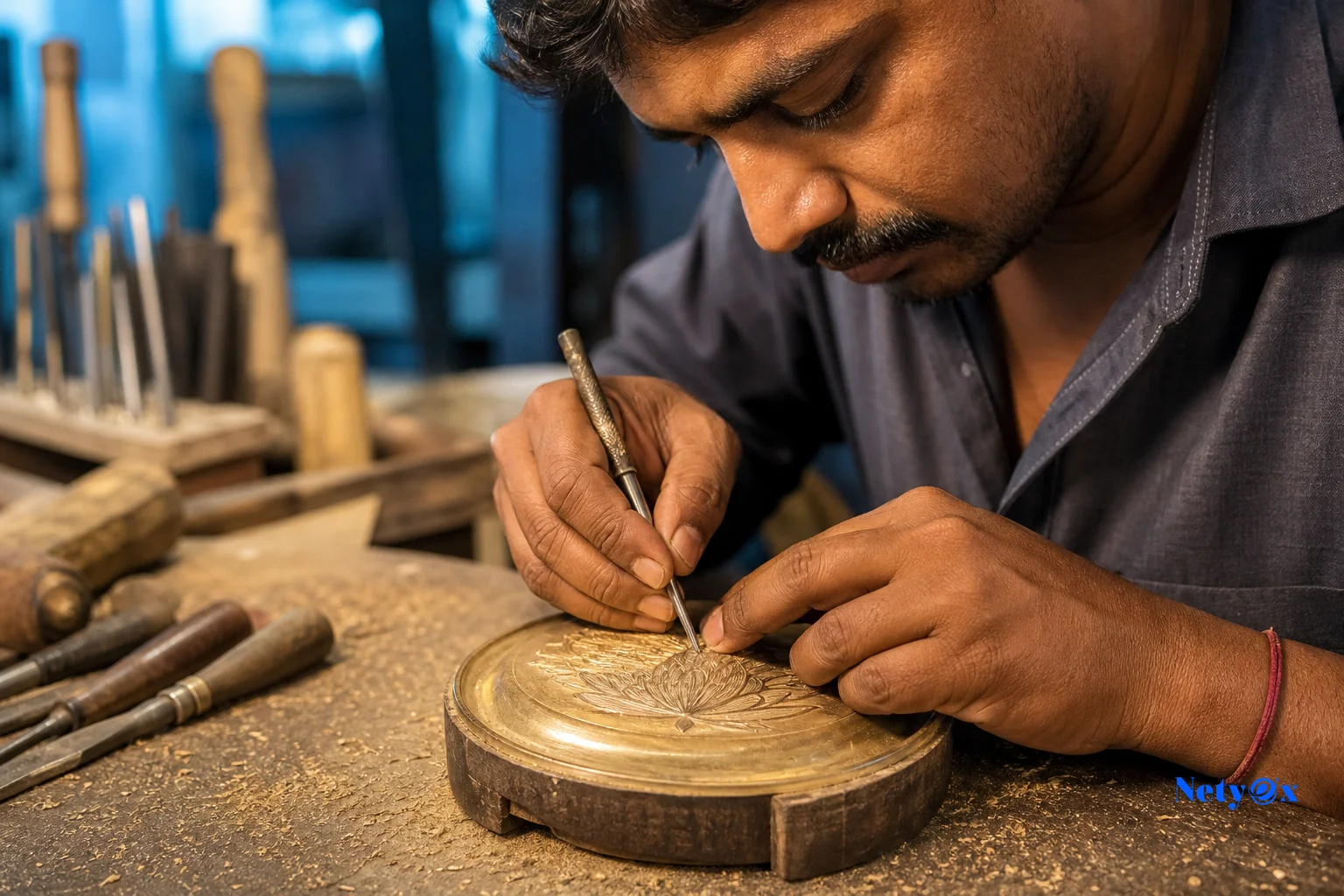Artisan hand-engraving custom branding onto a private label product in an Indian workshop