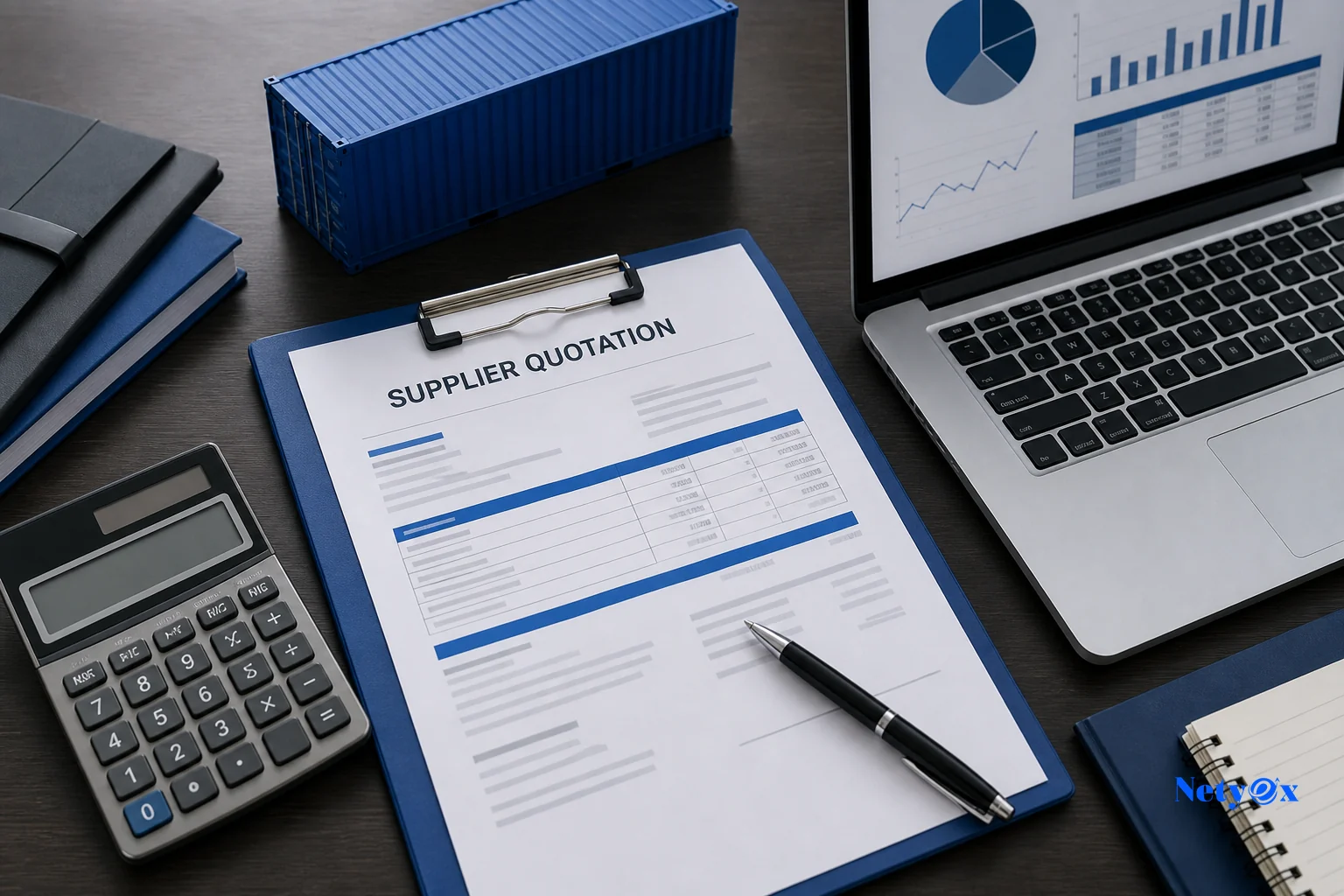 Desk with supplier quotation, calculator, and shipping documents for planning private label sourcing costs from India