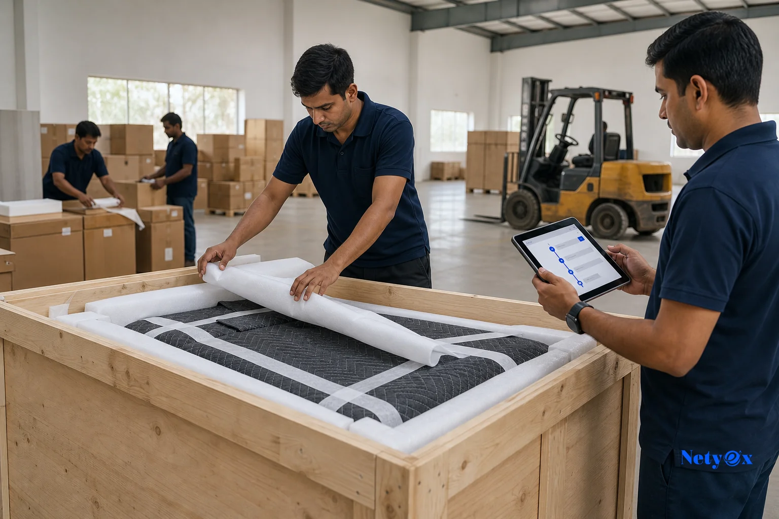 A packed export crate with custom furniture being prepared for international shipping to a designer's client site. photorealistic: A wooden export crate being carefully packed with a bespoke hand-finished furniture piece wrapped in
