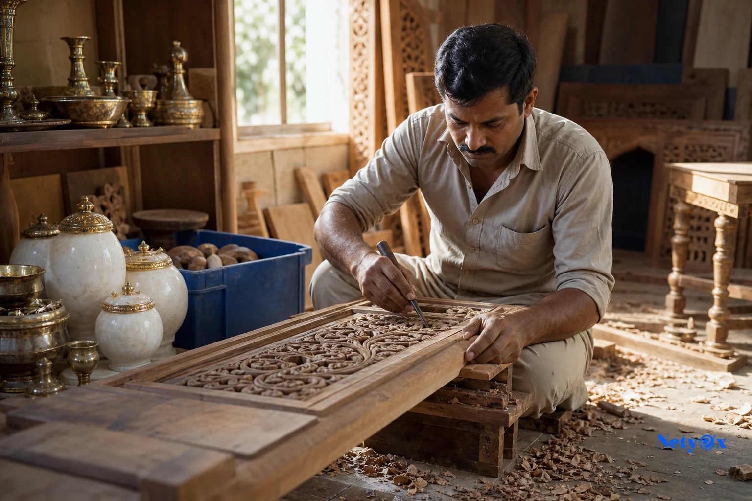 An Indian artisan workshop showing hand-finishing of custom furniture or decor pieces, illustrating bespoke production and lead times. photorealistic: Inside an Indian artisan workshop, a skilled craftsman hand-carving intricate details