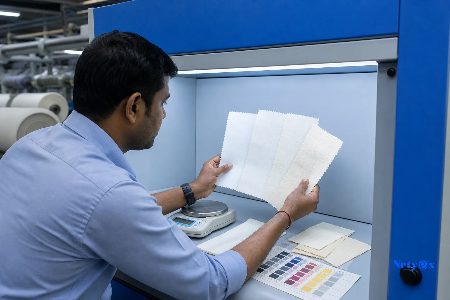 Close-up of fabric swatches being compared for color and weave consistency under quality control lighting. Photorealistic photo of a quality control technician comparing multiple white and cream cotton fabric swatches under a color-matching