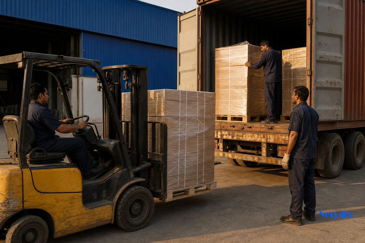 Export cartons of packed hotel linens being loaded for shipment with logistics staff coordinating. Photorealistic photo of workers loading sealed export cartons of packed hotel bed linens and towels onto a truck at an Indian logistics dock