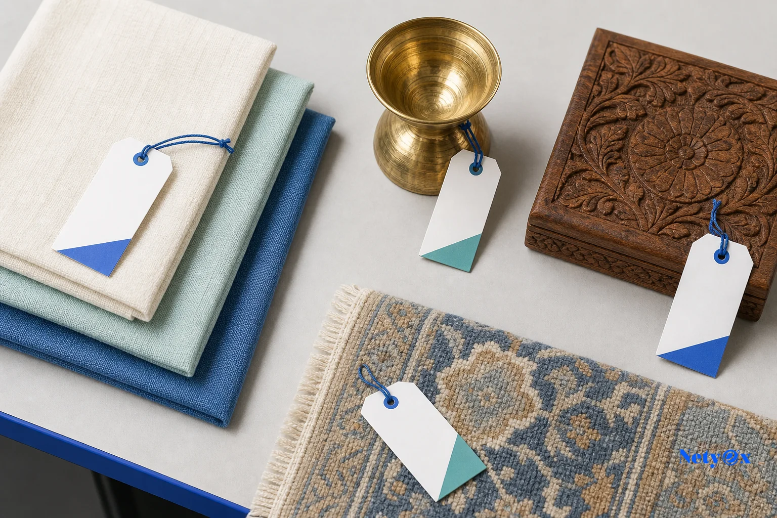 Flat lay of varied Indian export product categories being prepared for testing - textiles, brass items, wooden pieces, rugs. Photorealistic overhead flat-lay photograph of diverse export product samples arranged neatly on a light gray