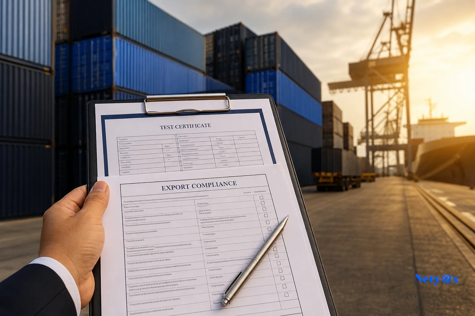 Shipping containers and export paperwork at a port, symbolizing customs clearance protected by compliance documentation. Photorealistic photograph of a cargo port scene with stacked shipping containers in the background, a clipboard holding