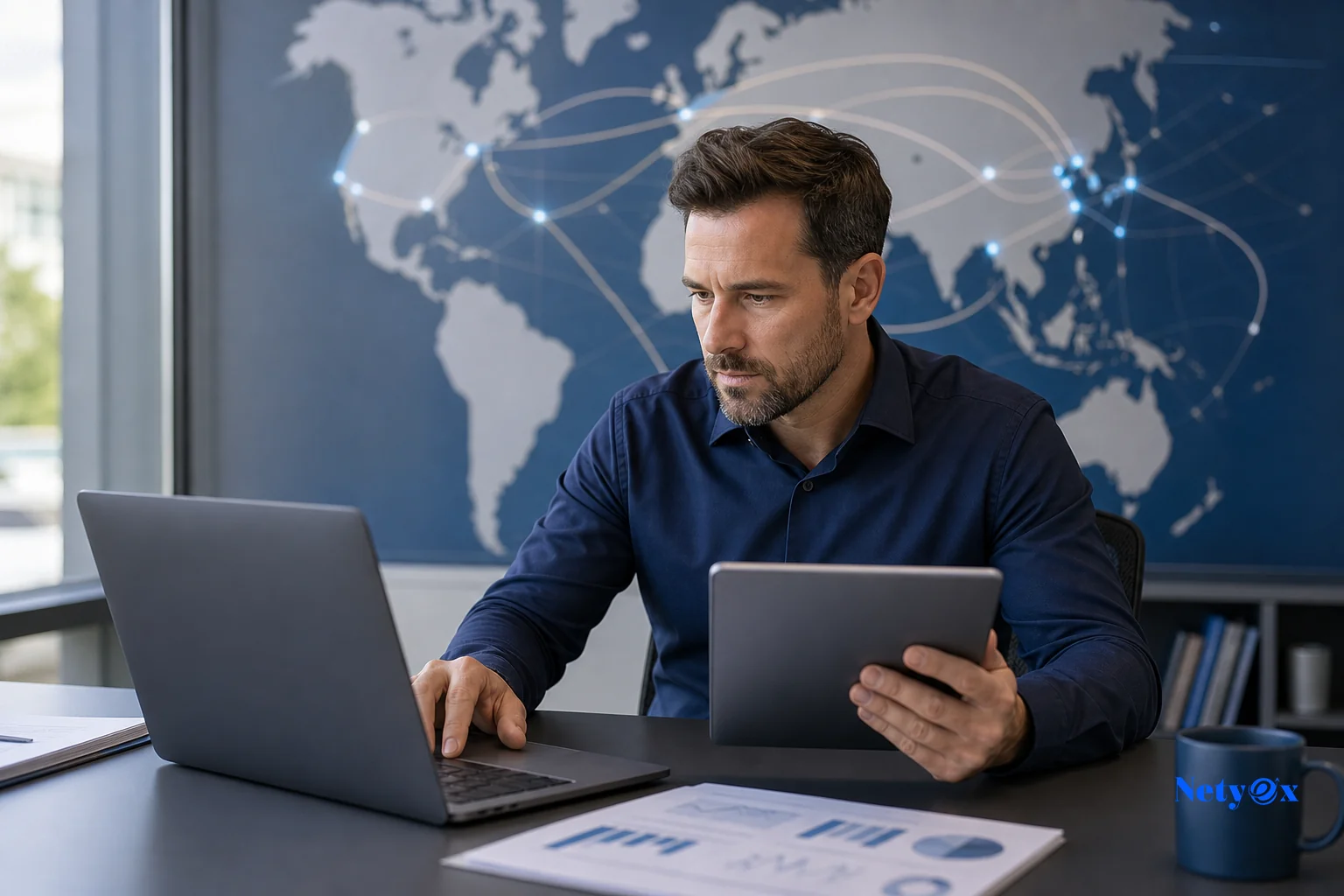 Split visual feel of two sourcing regions, global buyer researching suppliers on a laptop with world map and shipping context. photorealistic: A global buyer or procurement manager sitting at a modern office desk, comparing supplier