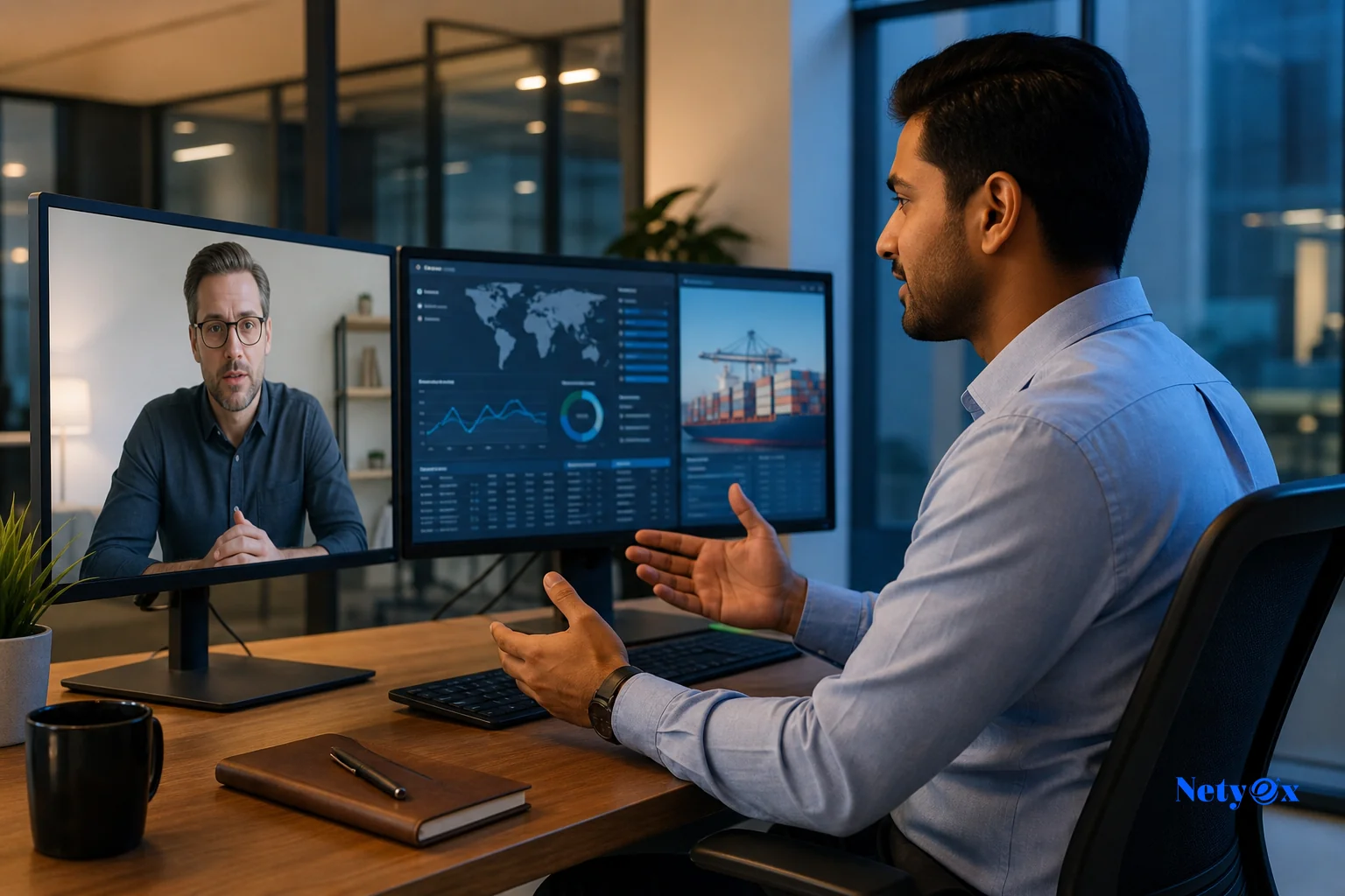 A dedicated sourcing specialist on a video call with an international buyer, coordinating supplier verification from an office in India. photorealistic: A professional Indian sourcing specialist in a modern Noida office, seated at a desk