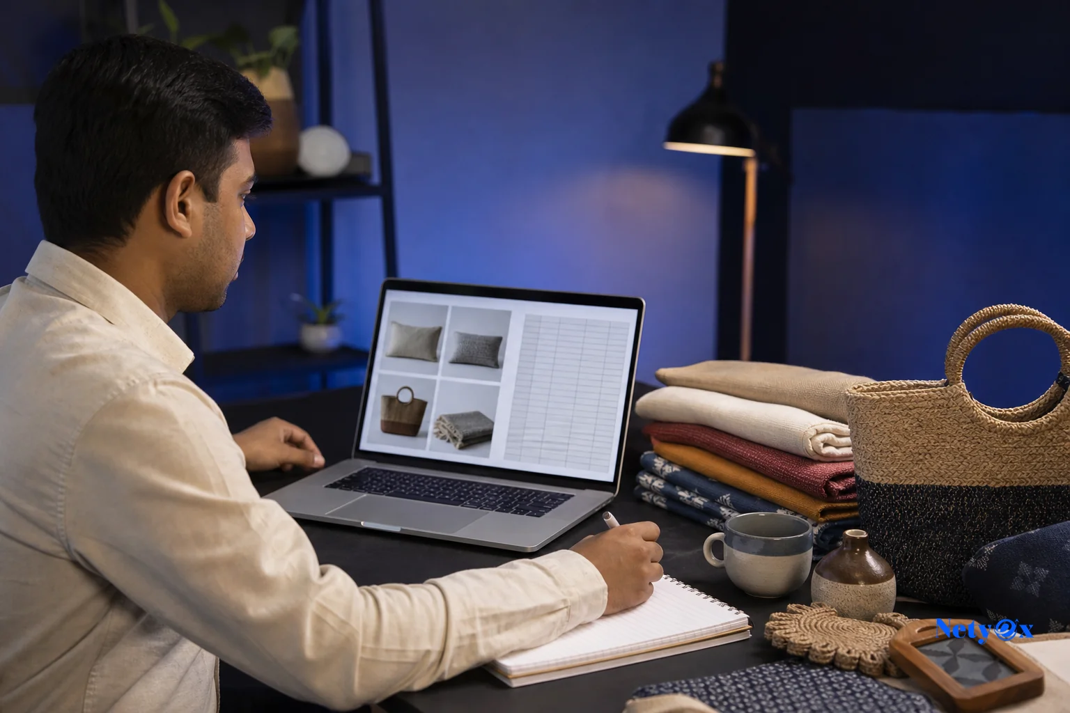 Photo of a sourcing specialist monitoring production on a laptop with product samples. photorealistic photo of an Indian sourcing specialist at a desk reviewing product photos and a packing list on a laptop screen, sample handicraft and