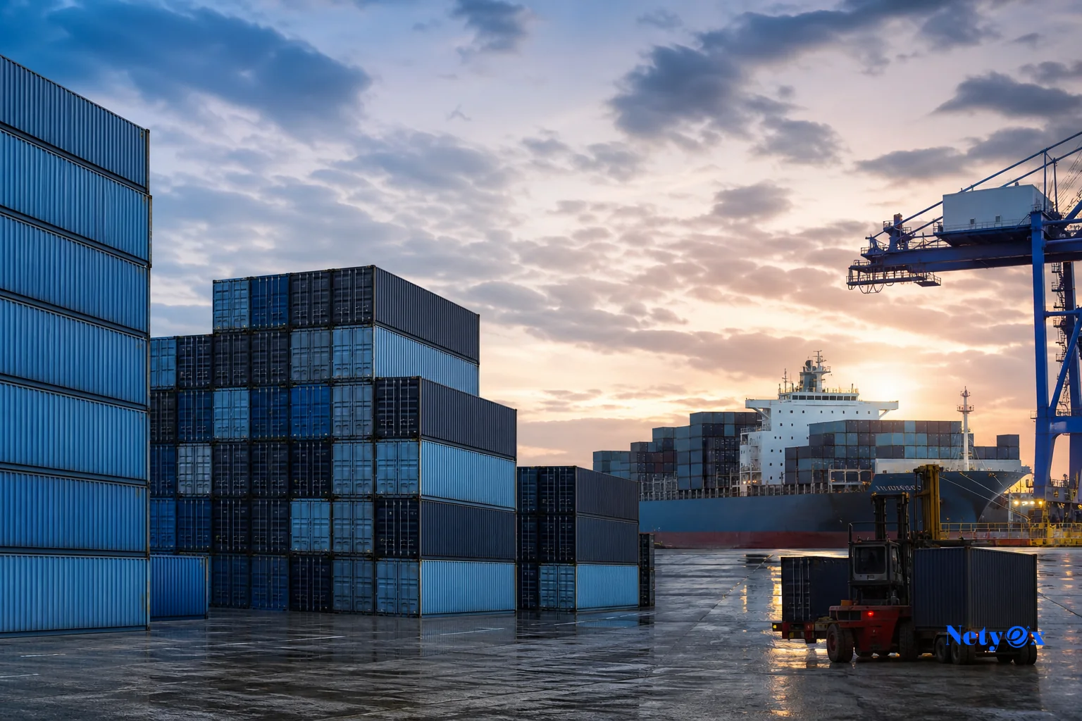 Photo showing global shipping and logistics context relevant to sourcing model comparison. photorealistic wide shot of a shipping port or container terminal at dusk with stacked cargo containers in blue and grey tones (#6daada, #1f2637), a