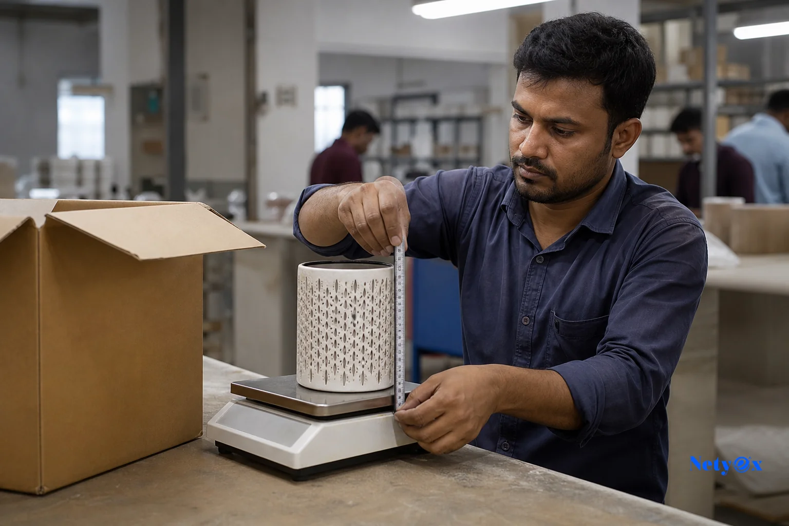 Worker measuring and weighing a pre-production sample and checking its fit inside a packaging carton