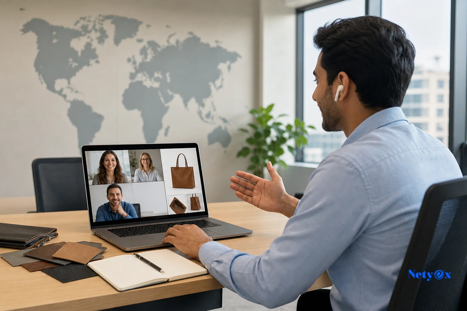 Sourcing specialist coordinating pre-production sample approval with an international buyer over video call