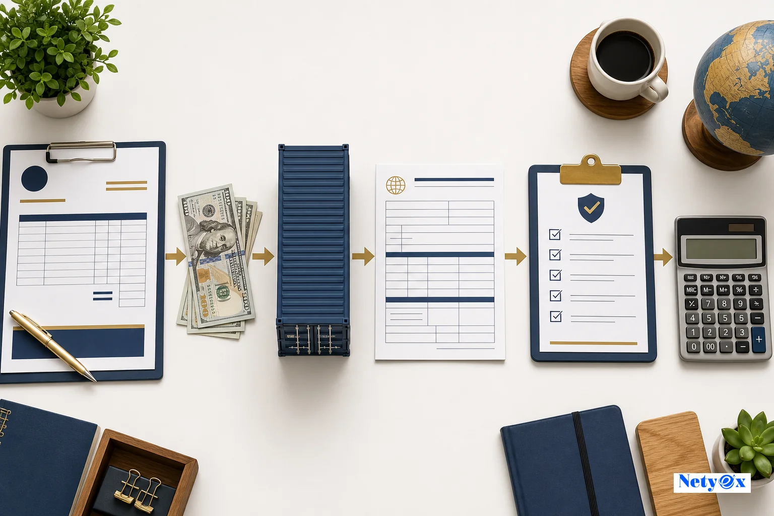 Overhead flat-lay of import cost components including invoice, shipping container model, customs form, and calculator representing total landed cost