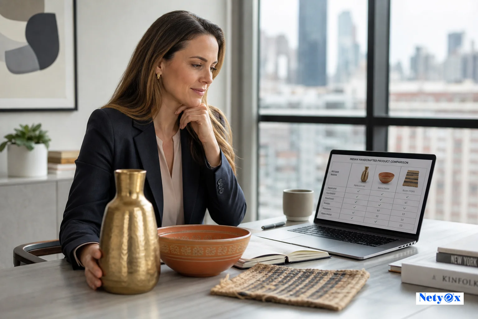 US business buyer reviewing India-made product samples including brass vase and ceramic bowl alongside a laptop showing sourcing comparison data