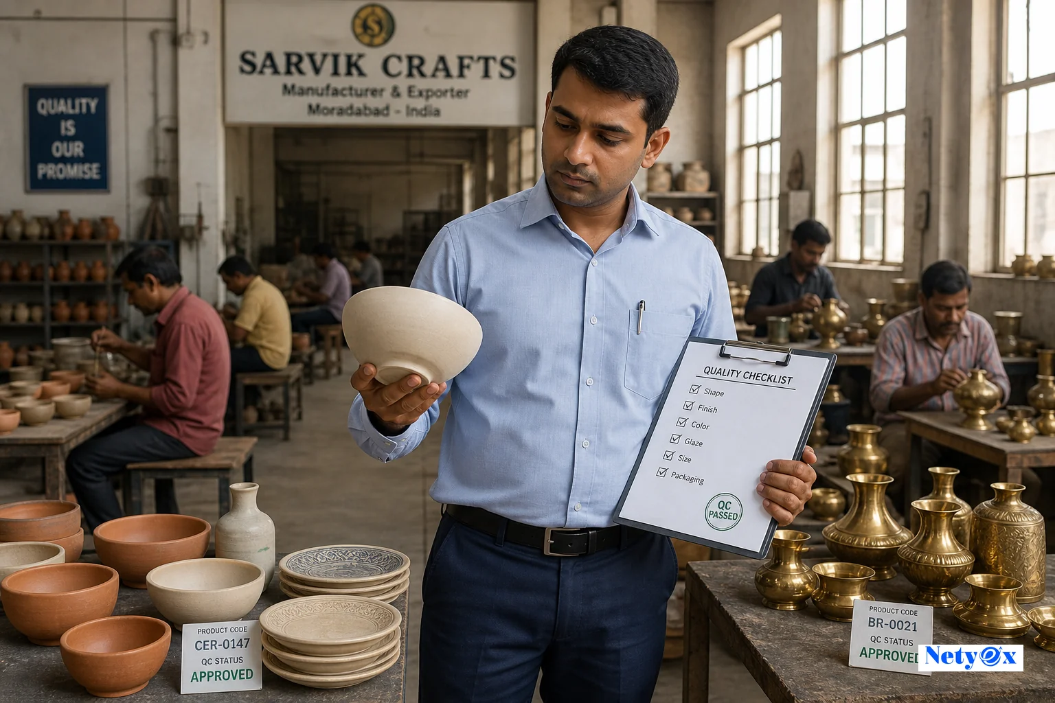 India sourcing agent conducting a factory audit, inspecting ceramic pottery samples in an Indian manufacturing workshop