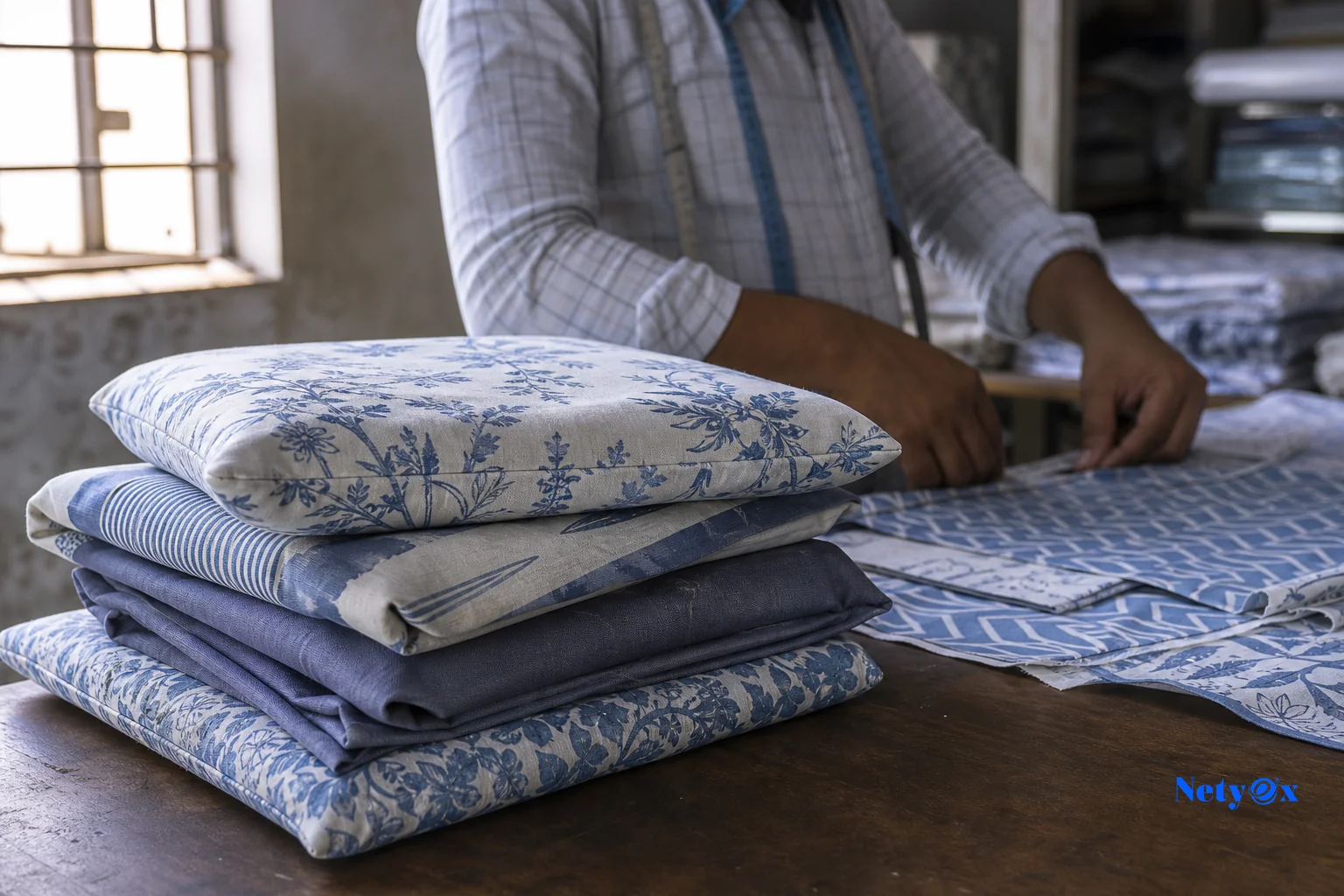Small batch of folded cotton bed linen and cushion covers on a table in an Indian textile workshop