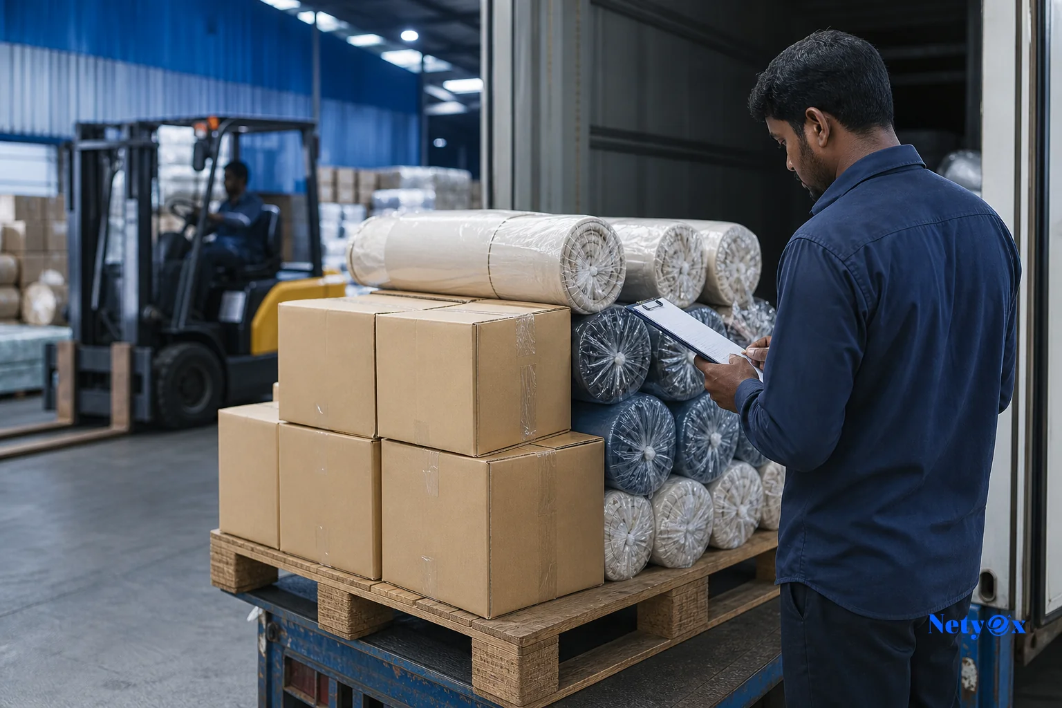 Textile cartons and rolled fabric bundles being loaded for export shipment from an Indian warehouse