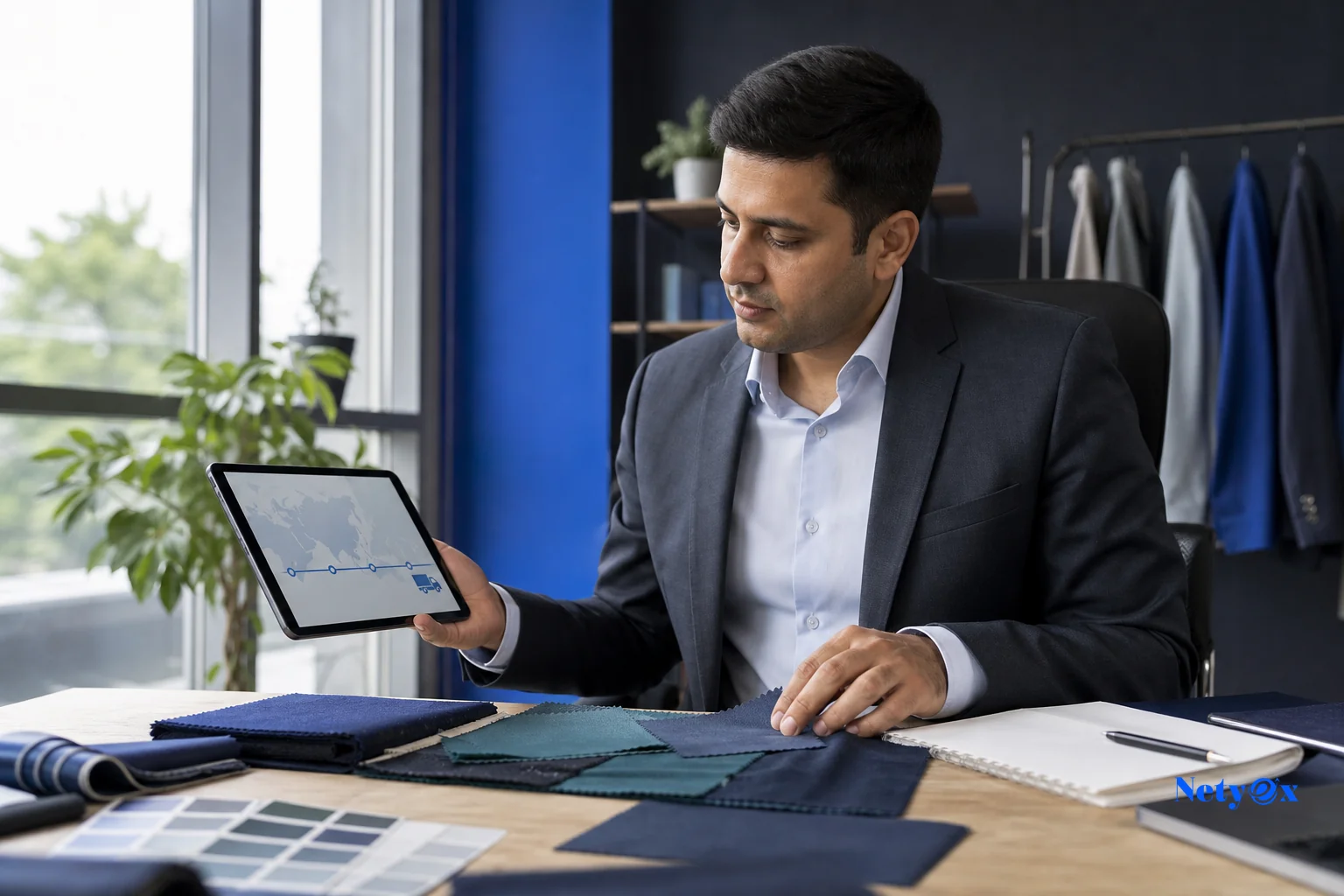 Sourcing specialist reviewing fabric swatches and shipment tracking for a textile order from India