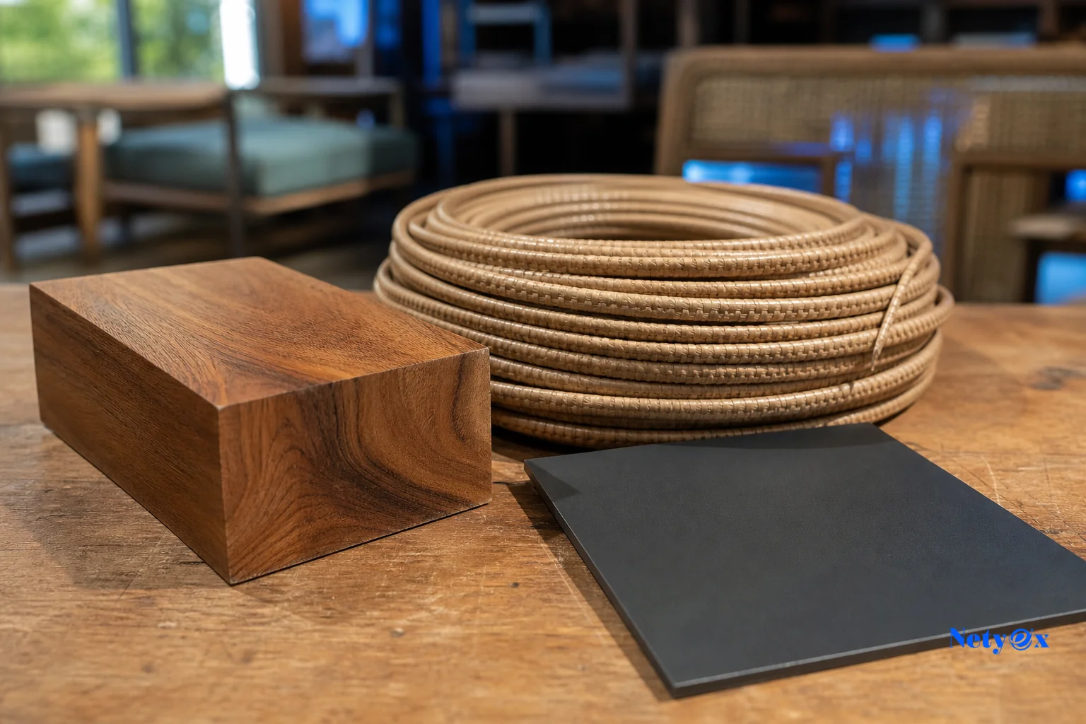 Close-up of raw material samples used for outdoor furniture manufacturing in India: teak wood, powder-coated metal, synthetic wicker. Photorealistic close-up photograph of material sample swatches laid on a wooden workbench in an Indian