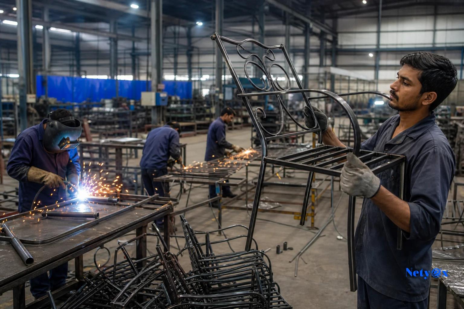 Factory floor scene in India showing skilled workers assembling metal-framed outdoor furniture with quality inspection happening. Photorealistic photograph inside a well-organized Indian metal furniture manufacturing unit, skilled workers