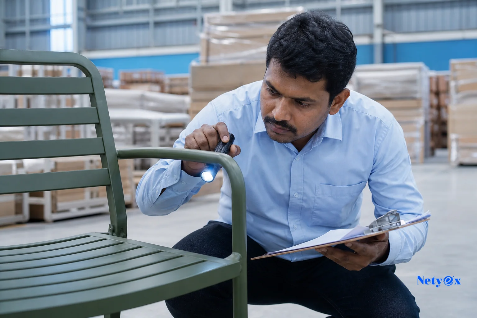 Quality inspector examining a finished outdoor furniture piece before shipment, checking coating and joints. Photorealistic photograph of a quality control inspector wearing a collared shirt examining a powder-coated outdoor metal chair