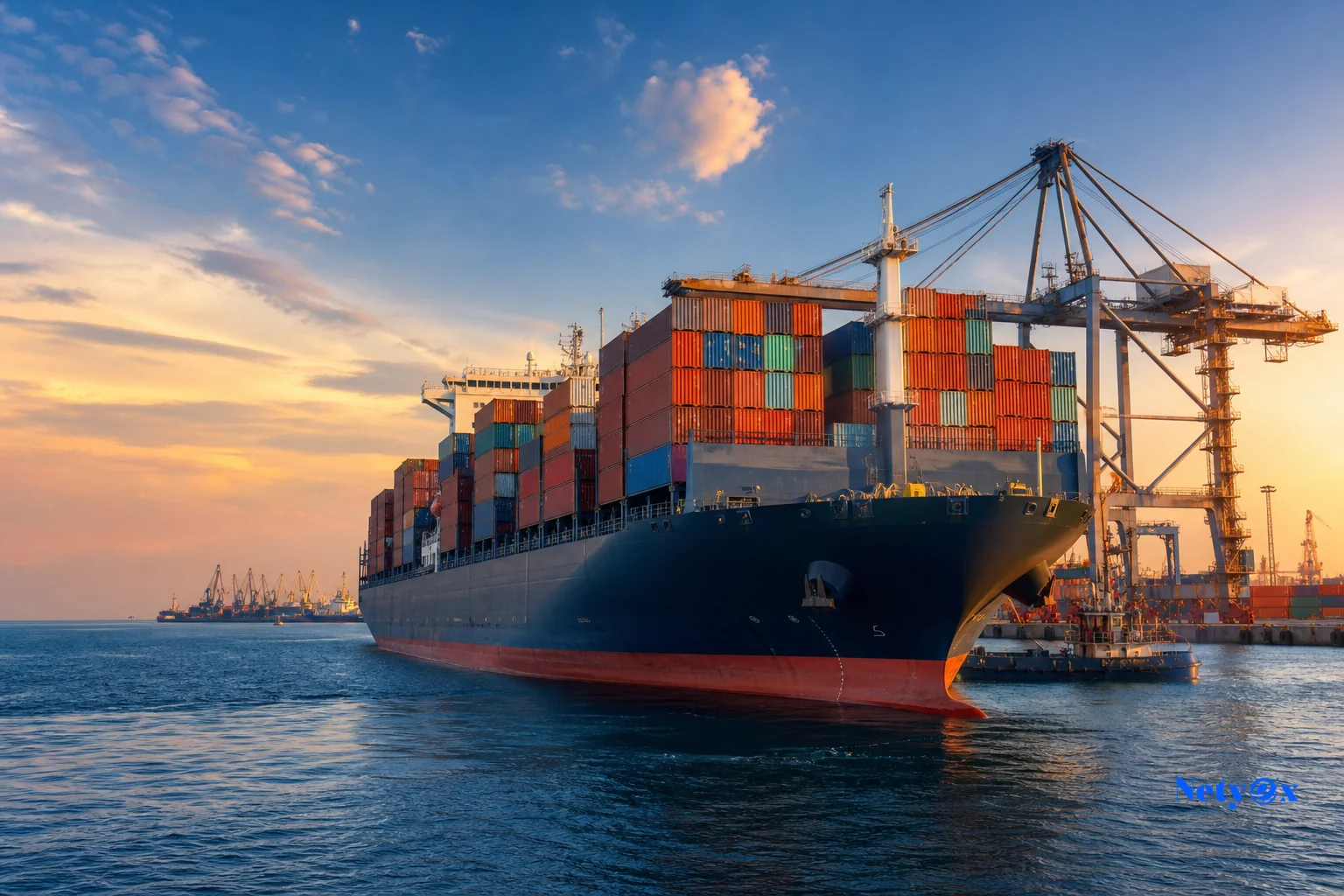 Cargo container ship at an Indian seaport at golden hour representing international freight and export logistics