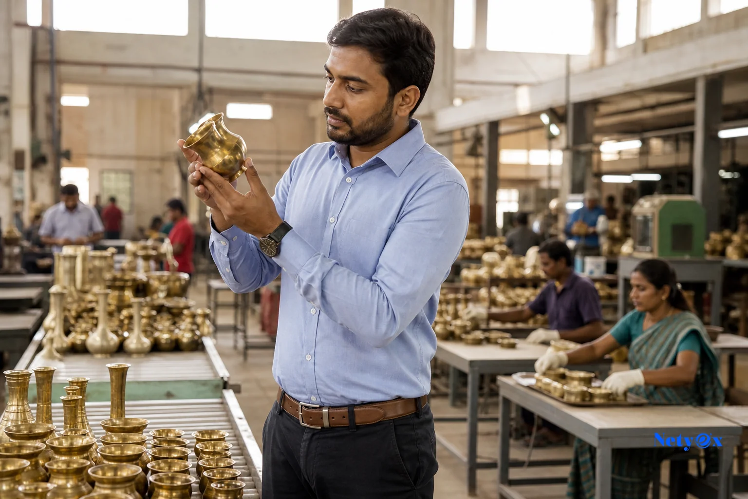Quality control specialist monitoring production inside an Indian manufacturing facility for an import order
