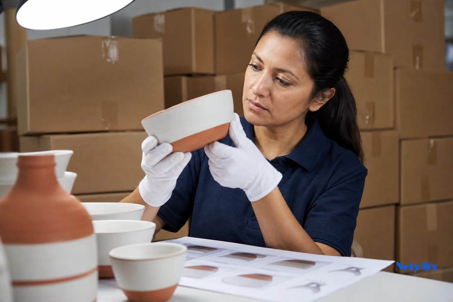 Quality inspector checking ceramic products against specification sheet with export cartons ready for shipment from India
