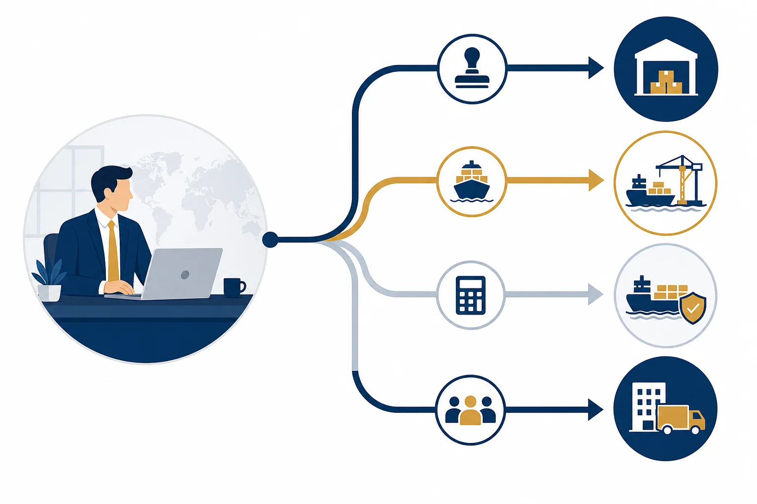 Decision framework showing a buyer navigating through questions to choose the right Incoterm for importing from India