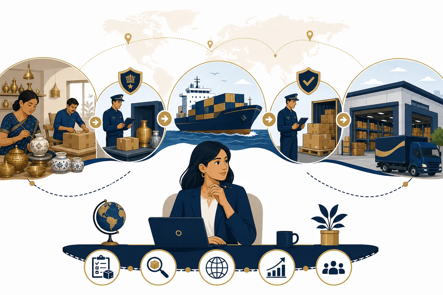 End-to-end DDP delivery process managed by a sourcing partner, showing goods moving from an Indian factory through customs and freight to a buyer's warehouse