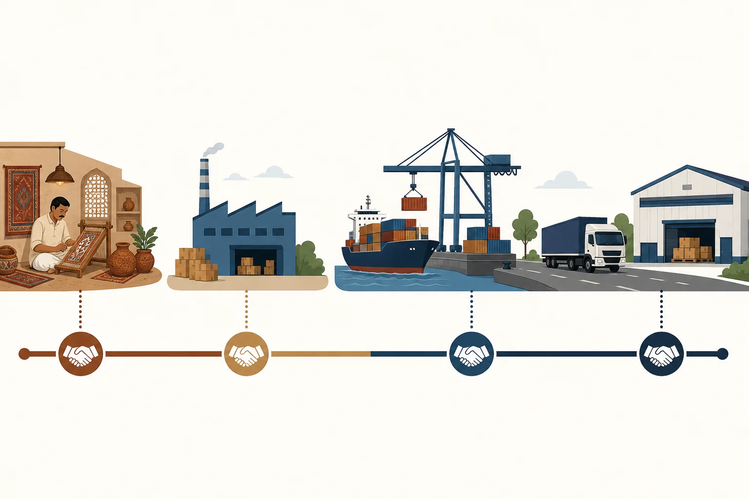 Flat-design illustration of a supply chain journey from an Indian factory to an international buyer warehouse, showing Incoterm handoff points along the route