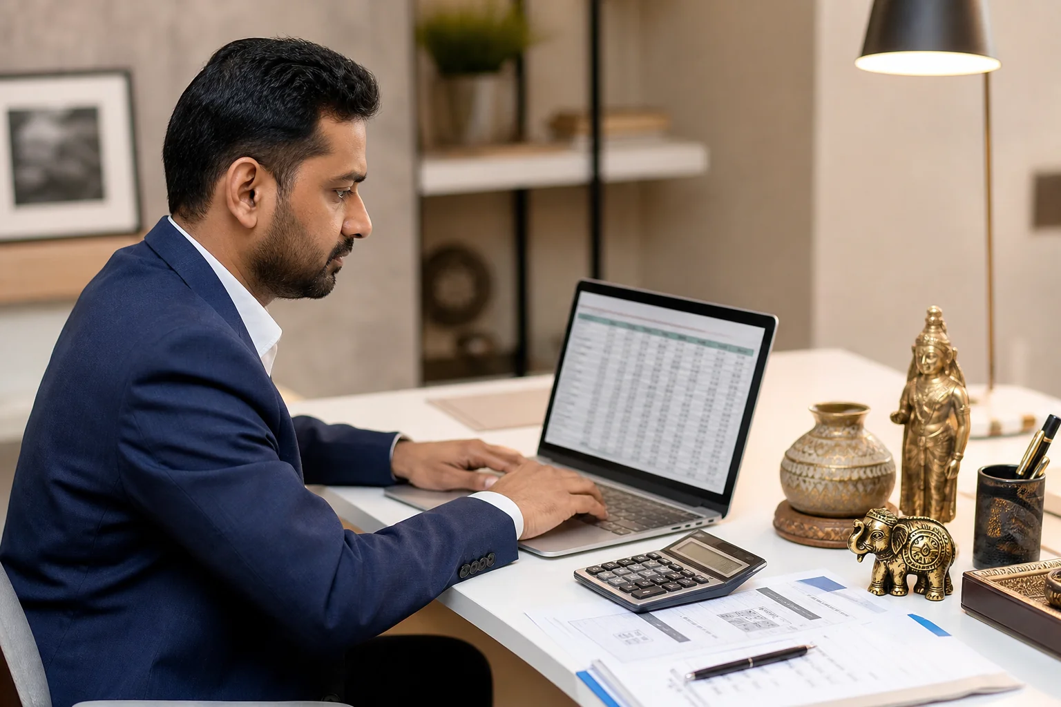 Business professional calculating landed cost on a laptop with shipping invoices and Indian brass handicraft items on the desk