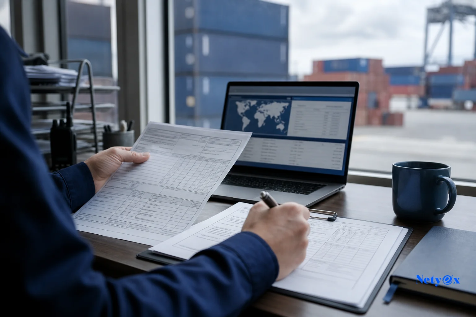 Customs broker reviewing commercial invoice and duty documents at a Canadian port facility