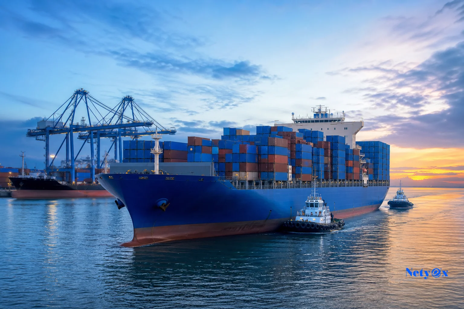 Container ship departing an Indian port loaded with cargo bound for Canada