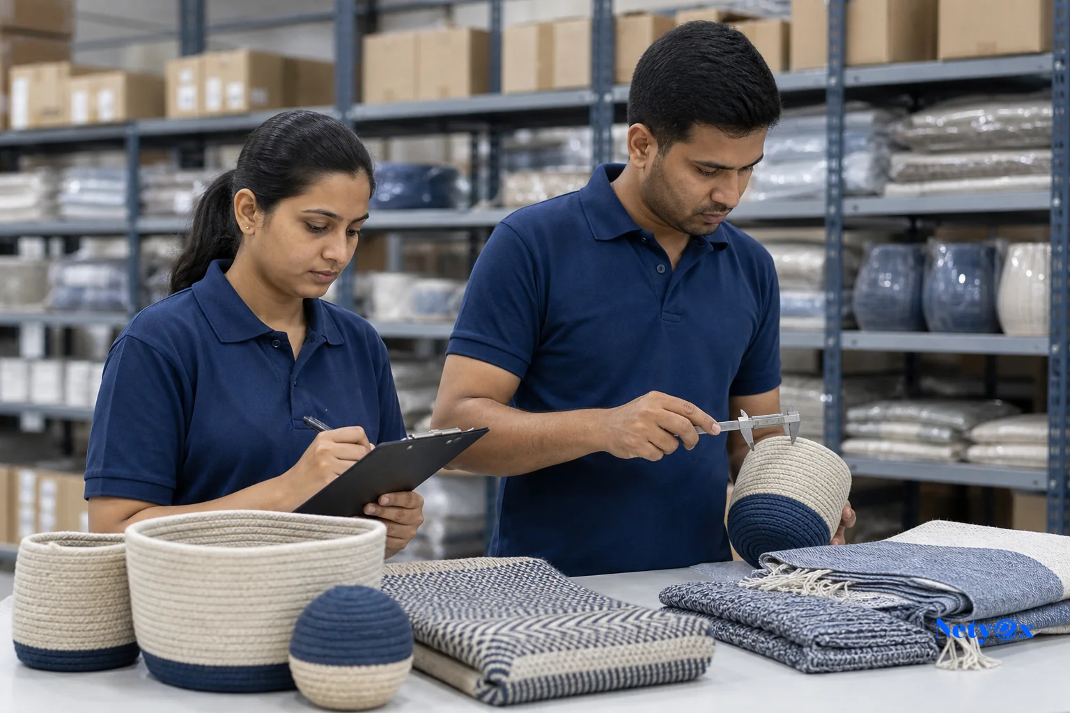 Quality control inspector examining export products before shipment. photorealistic: A professional quality control inspector wearing a navy blue polo shirt examining handcrafted home decor items and folded textiles on a clean inspection