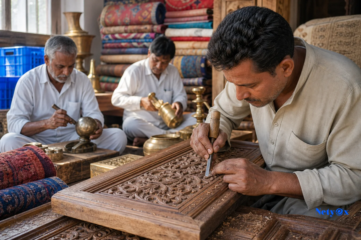 Indian artisans crafting handicrafts, home decor and textiles for export. photorealistic: Close-up documentary photograph of skilled Indian artisans in a bright workshop in Uttar Pradesh, hands carving detailed patterns into wooden