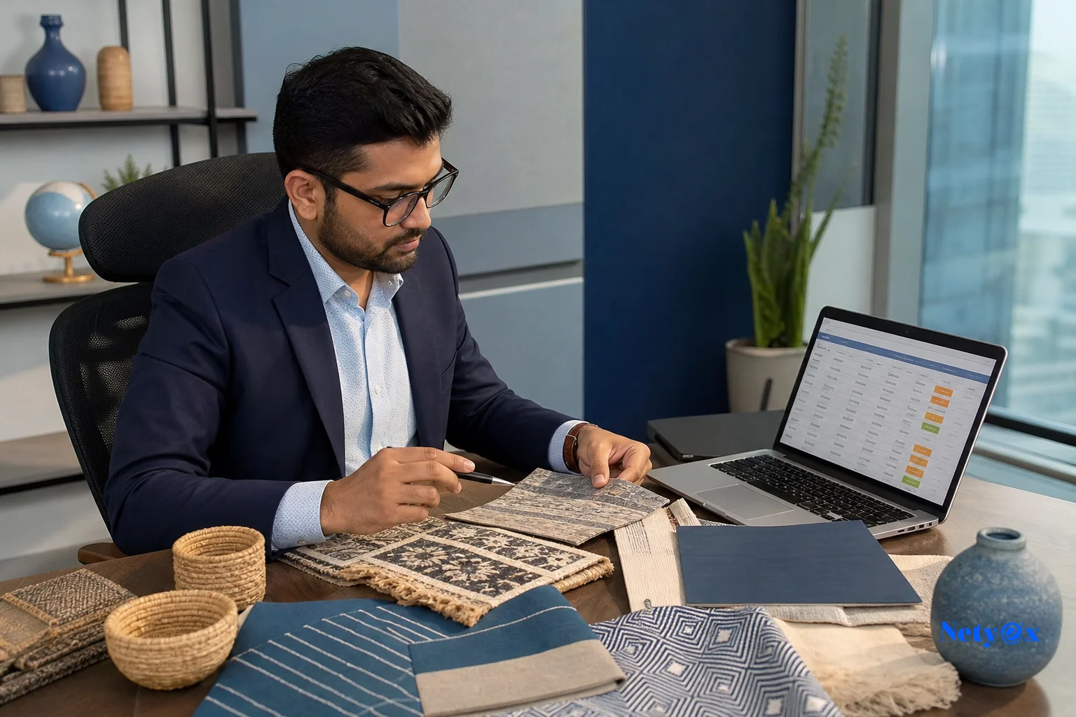 A dedicated Indian sourcing specialist reviewing product samples and documents at a desk in an office in India, coordinating with an overseas buyer. photorealistic photo of a professional Indian sourcing specialist in a modern office in