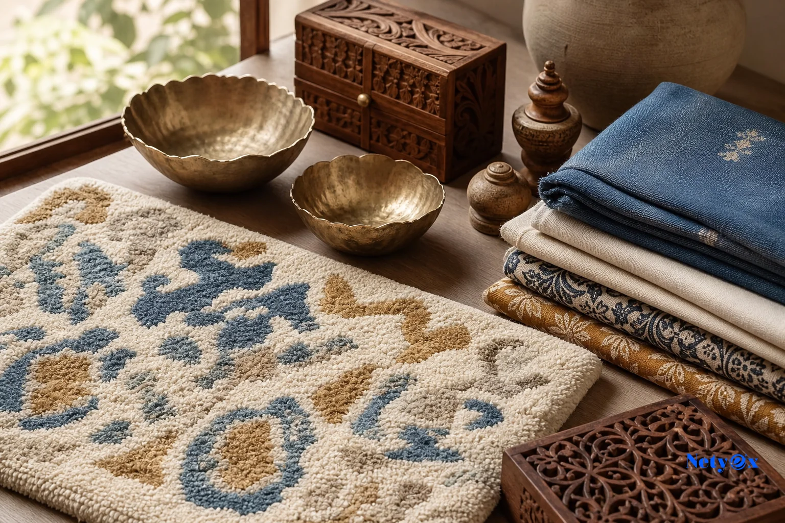 A curated display of Indian handicraft and home decor products including a hand-tufted wool rug, brass items, and wooden crafts, aimed at a US retail buyer. photorealistic photo of an artfully arranged display of Indian handmade home decor