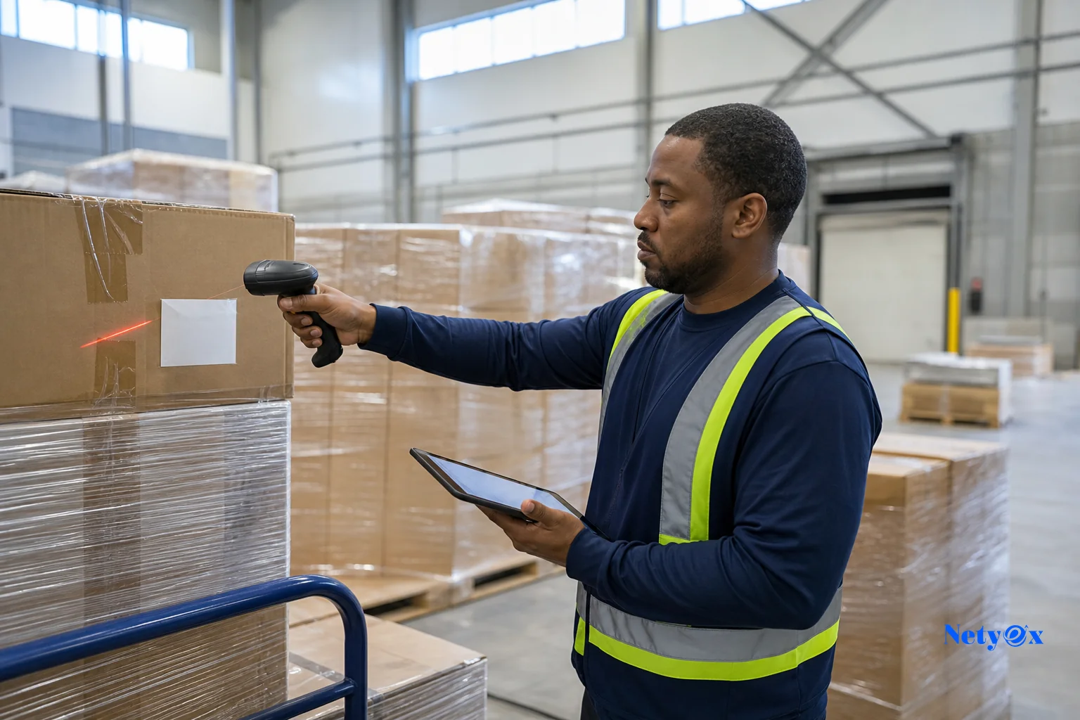 A warehouse receiving team in the US checking incoming cartons from India against a packing list on a tablet. Photorealistic photo of a warehouse receiving associate in a modern US fulfillment center, scanning a barcode on an incoming
