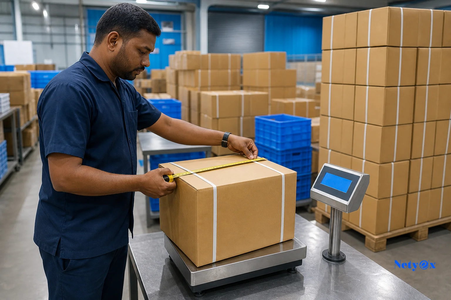 Photorealistic photo of a worker in an Indian export packaging facility using a tape measure and a digital weighing scale to measure and weigh a sealed export carton, preparing shipment data. Bright, clean warehouse environment, stacks of