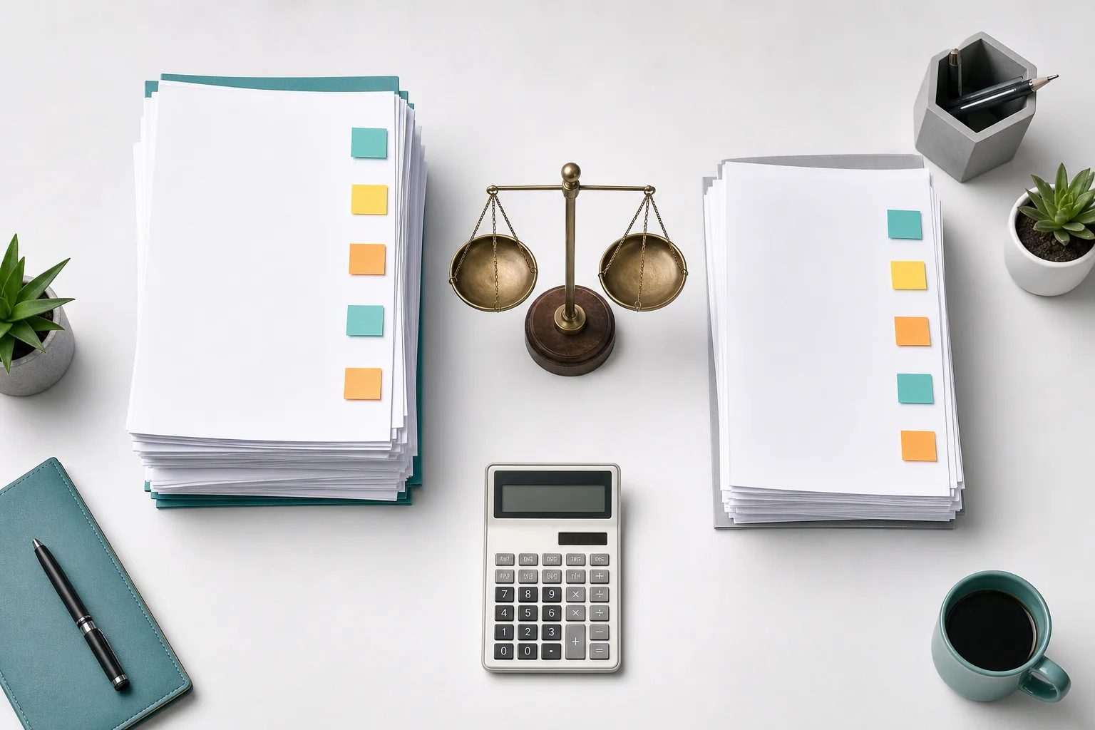 Clean desk with two stacks of documents and a balance scale representing cost comparison between managed sourcing and self-sourcing
