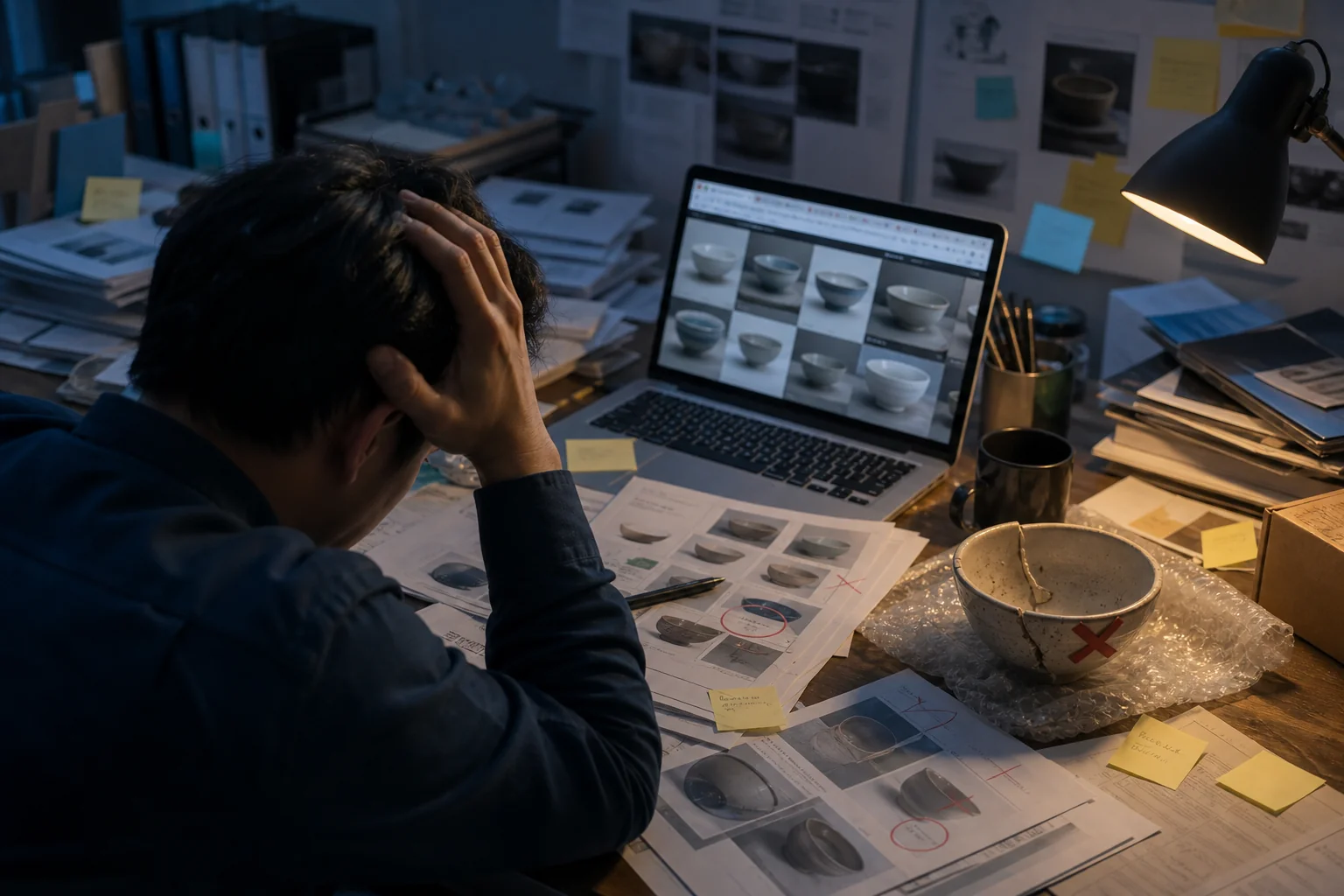 Frustrated buyer at cluttered desk with scattered supplier quotes and a defective product sample, representing the cost of self-sourcing