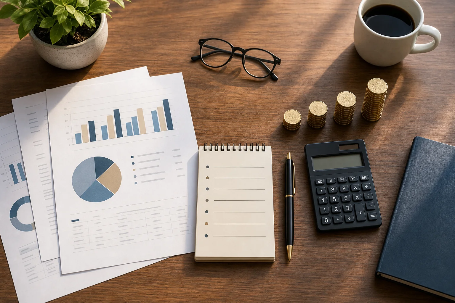 Organized desk with tiered cost documents, calculator, and stacked coins representing layered sourcing service pricing