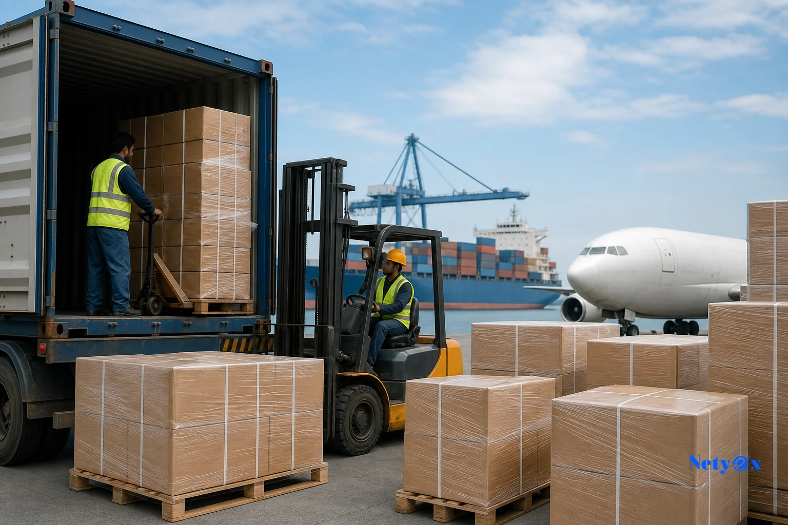 Cargo container and air freight shipment being prepared for export from India to a US fulfillment center for Walmart Marketplace inventory