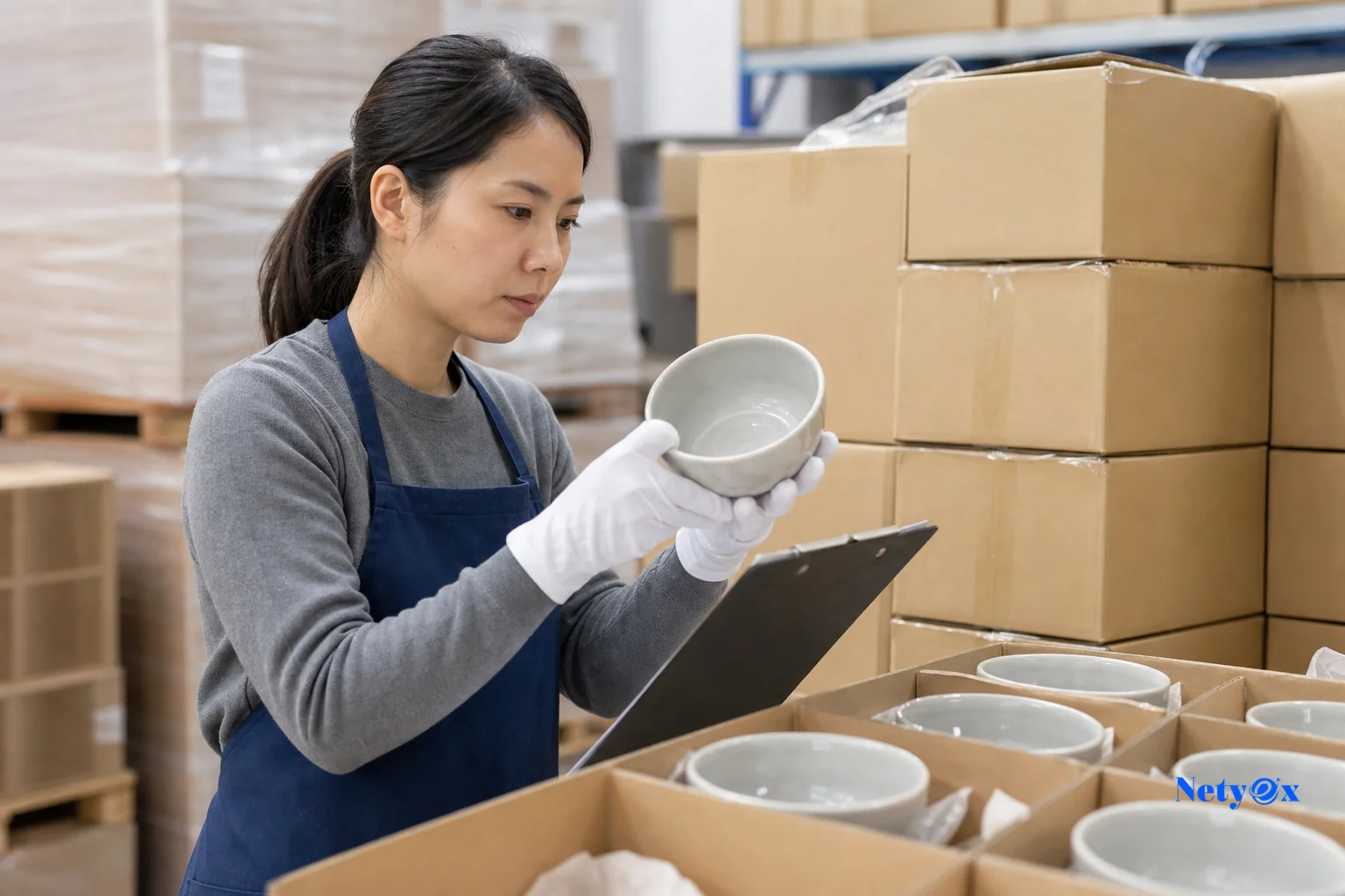Quality control inspector examining export-ready products against a checklist before pre-shipment inspection for a Walmart Marketplace order