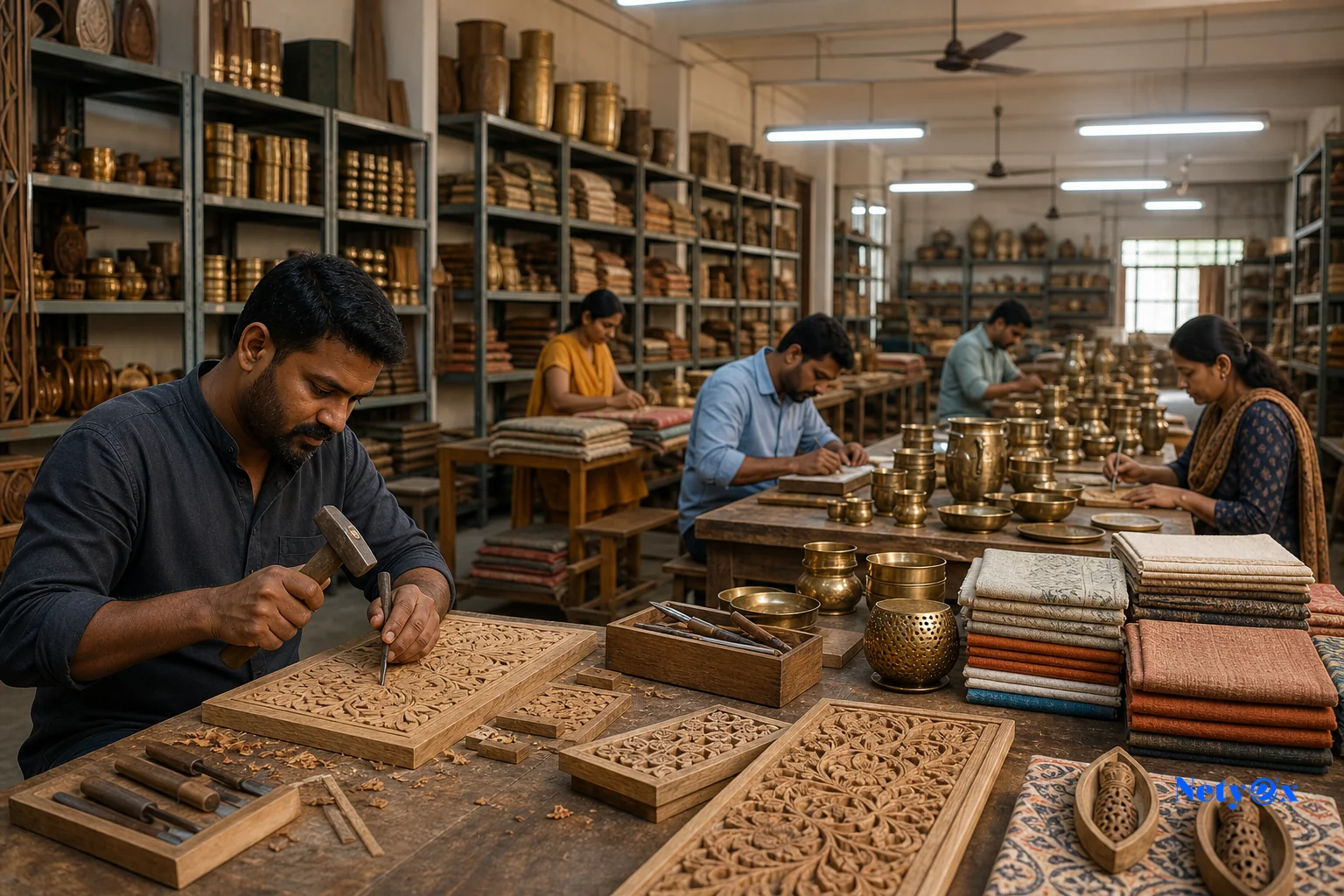 Skilled artisans in an Indian manufacturing workshop crafting home decor products for export to US retail marketplaces