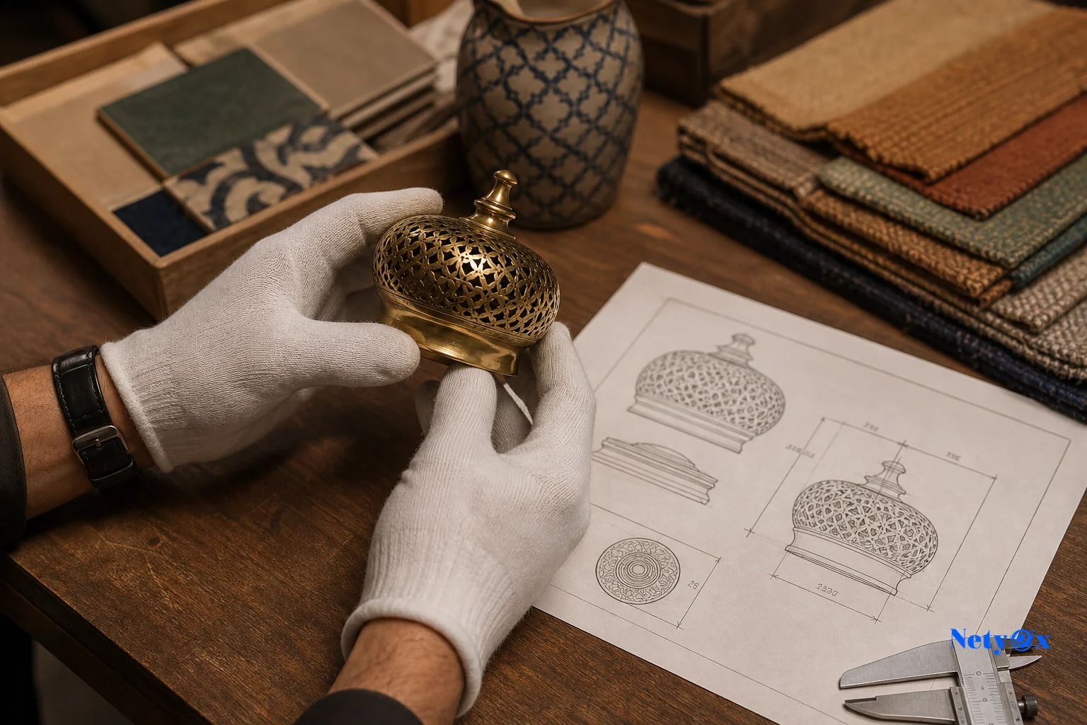 Quality inspector examining a pre-production brass sample against a specification sheet in an Indian workshop, representing the sample approval process for custom product development