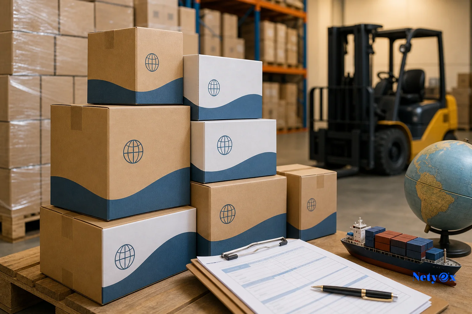 Custom-branded product boxes stacked in a warehouse ready for international export, with export documentation visible, representing the final stage of custom product development with an India sourcing agent
