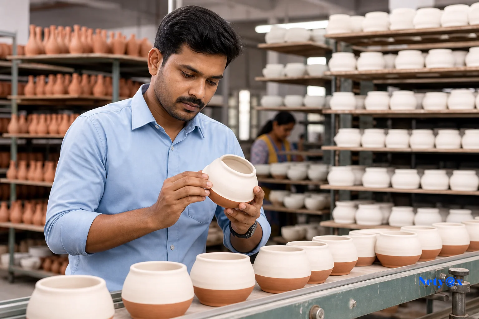 Quality control specialist inspecting ceramic products on a factory production line in India, representing multi-stage production monitoring for custom product development