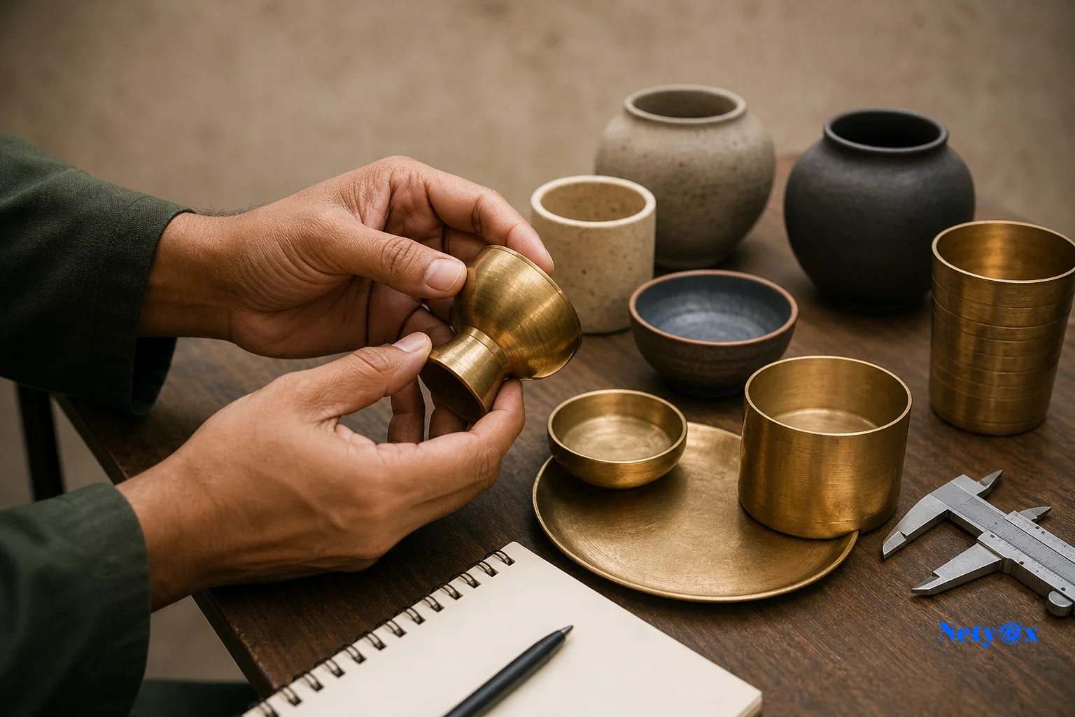 Close-up inspection of brass tableware and ceramic pottery samples for quality and finish before bulk production approval